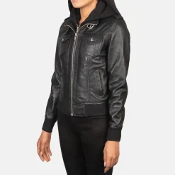Roslyn Black Hooded Leather Bomber Jacket