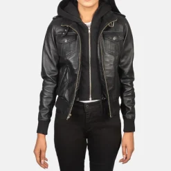 Roslyn Black Hooded Leather Bomber Jacket