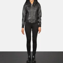 Roslyn Black Hooded Leather Bomber Jacket