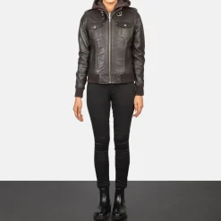 Roslyn Brown Hooded Leather Bomber Jacket