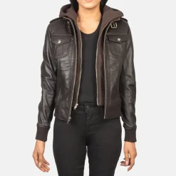 Roslyn Brown Hooded Leather Bomber Jacket