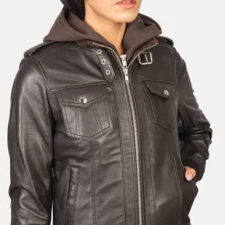 Roslyn Brown Hooded Leather Bomber Jacket