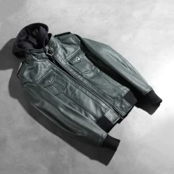 Roslyn Green Hooded Leather Bomber Jacket