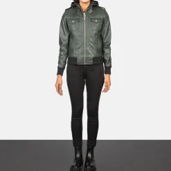 Roslyn Green Hooded Leather Bomber Jacket