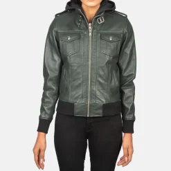 Roslyn Green Hooded Leather Bomber Jacket