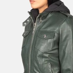 Roslyn Green Hooded Leather Bomber Jacket