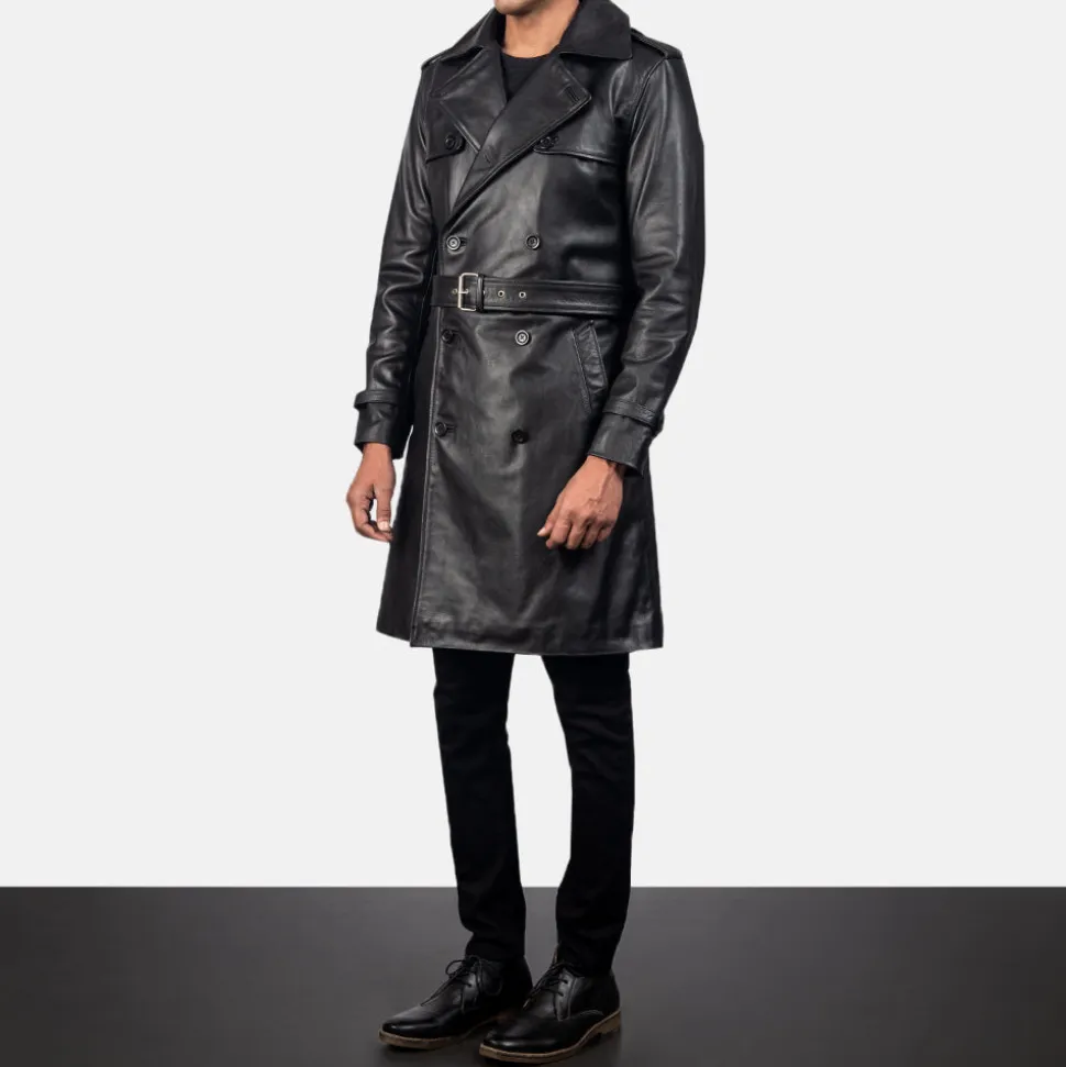 Royson Black Leather Duster Coat