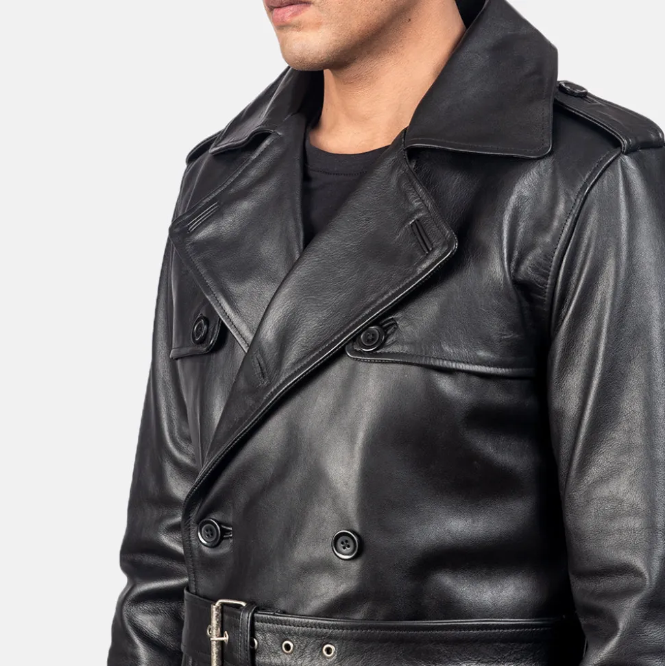 Royson Black Leather Duster Coat