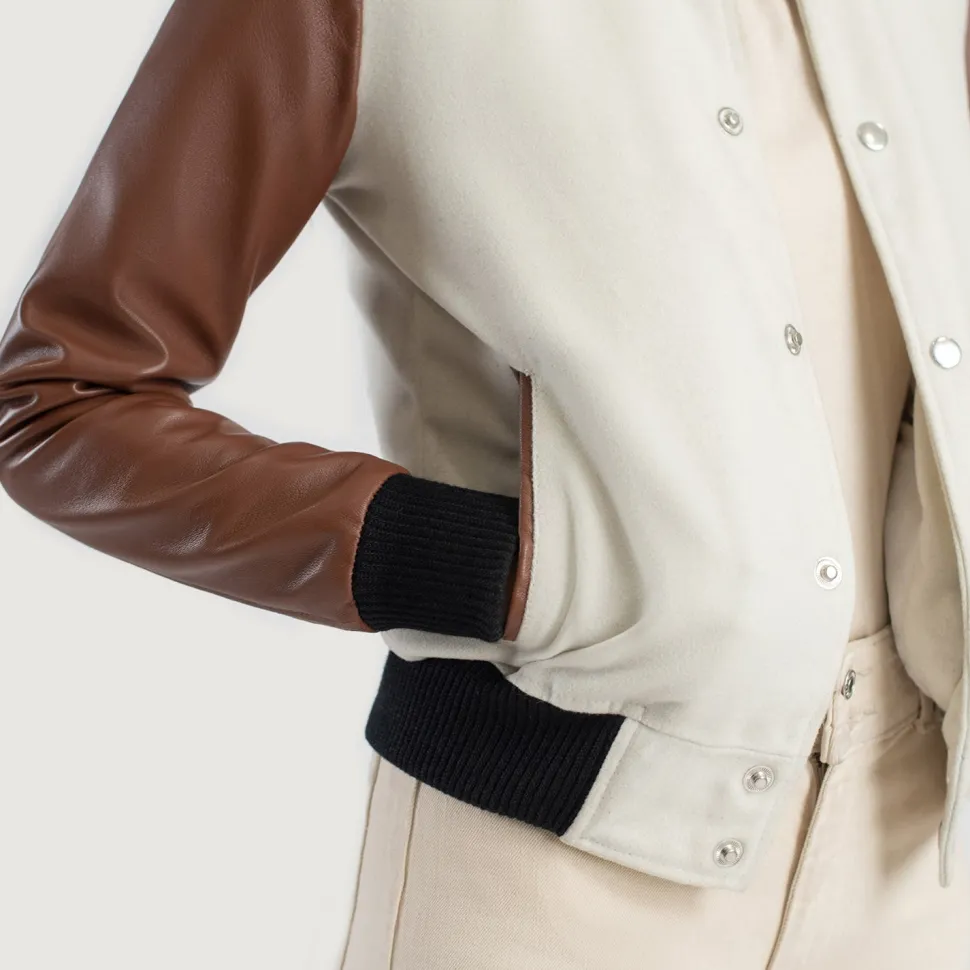 Savant White & Brown Hybrid Varsity Jacket