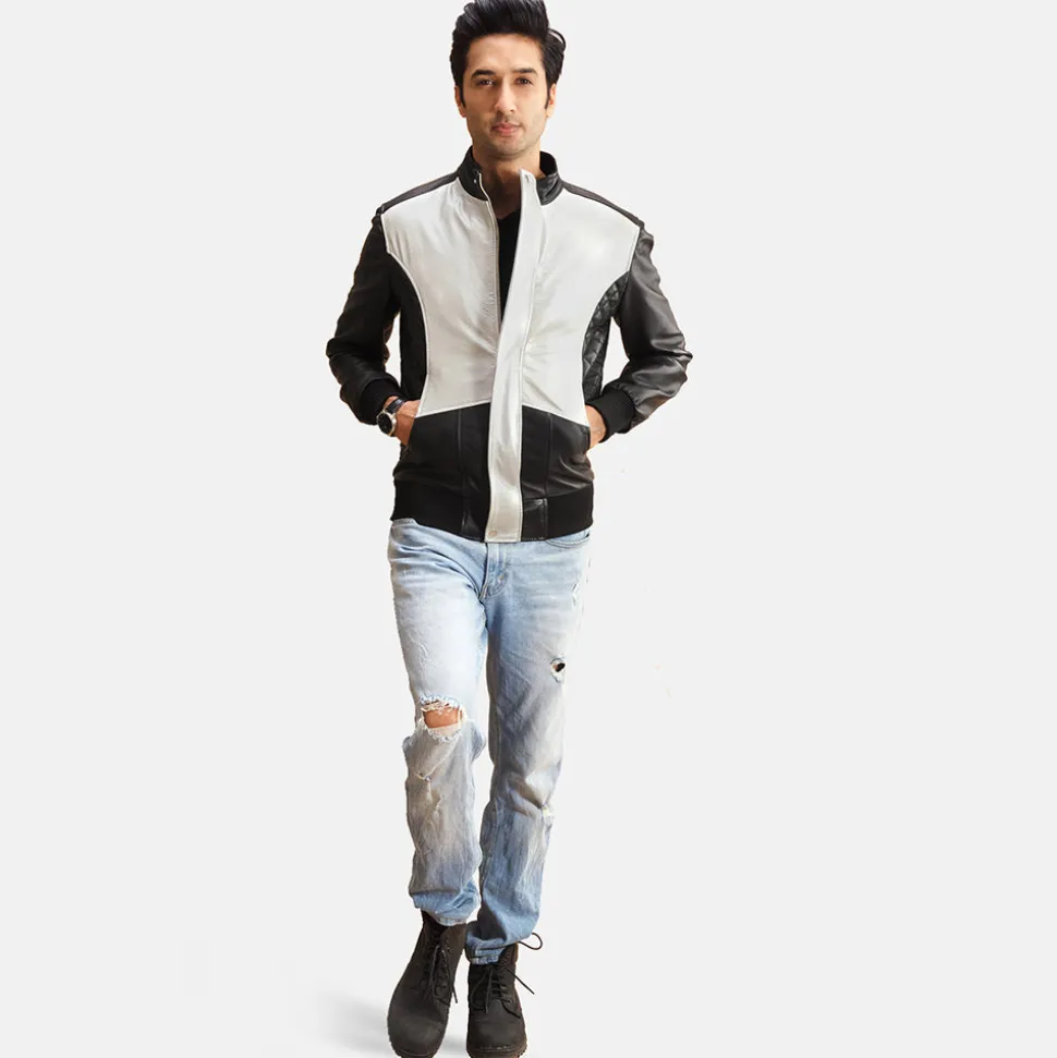 Spade Silver Black Leather Bomber Jacket