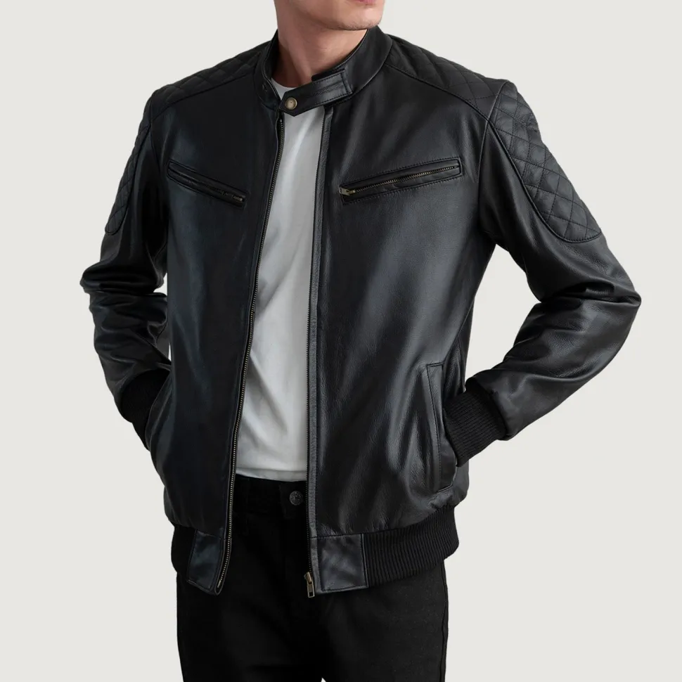 Sven Black Leather Bomber Jacket
