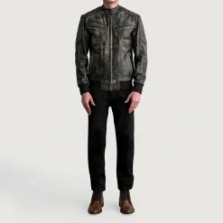 Sven Distressed Brown Leather Bomber Jacket