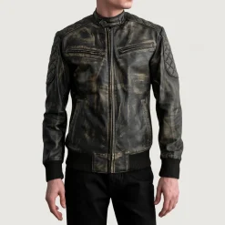 Sven Distressed Brown Leather Bomber Jacket