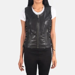 Vanda Black Leather Biker Vest