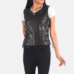 Vanda Black Leather Biker Vest