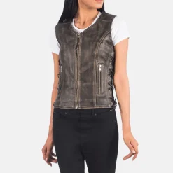 Vanda Distressed Brown Leather Biker Vest