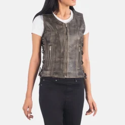 Vanda Distressed Brown Leather Biker Vest