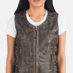 Vanda Distressed Brown Leather Biker Vest