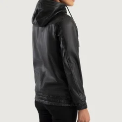 Zest Black Hooded Leather Pullover Jacket