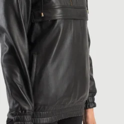 Zest Black Hooded Leather Pullover Jacket