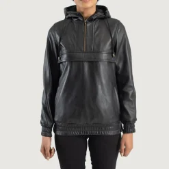 Zest Black Hooded Leather Pullover Jacket