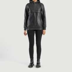 Zest Black Hooded Leather Pullover Jacket