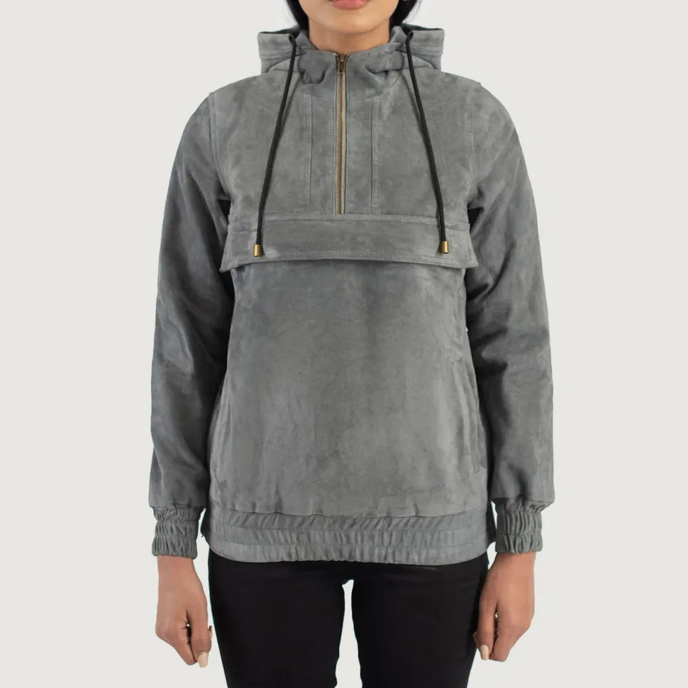 Zest Grey Hooded Suede Pullover Jacket